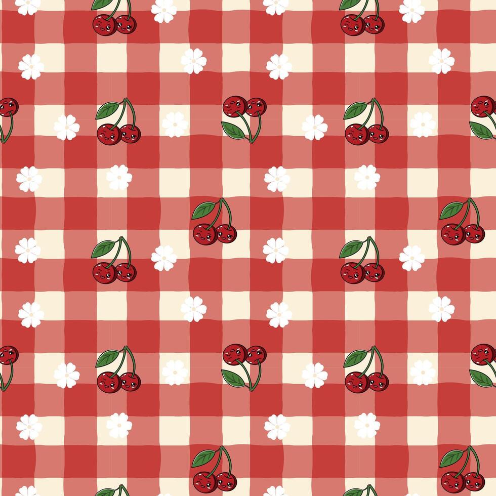 Seamless Red Gingham Pattern with Cherries and White Flowers Cute Summer Picnic Design vector