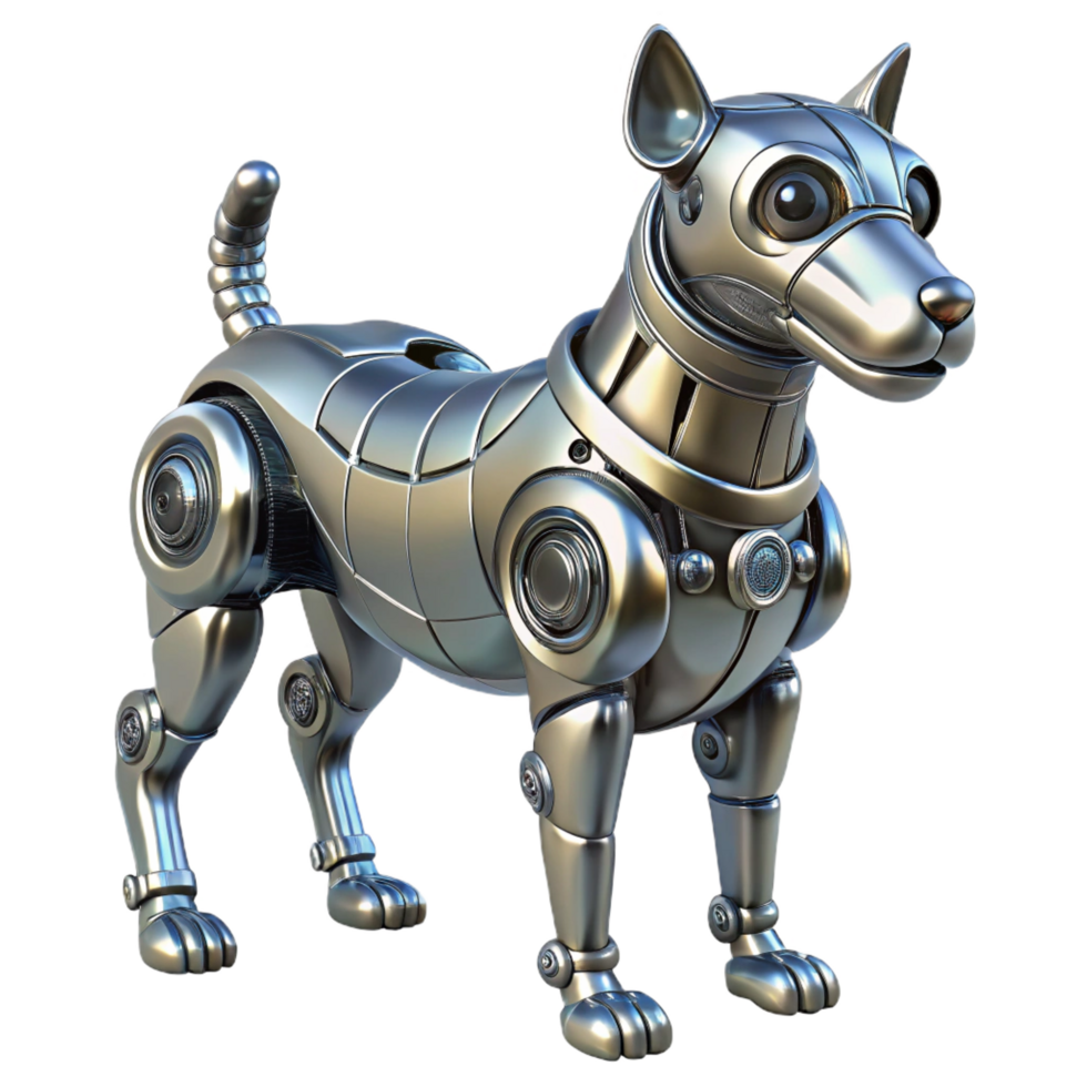 whimsical pristine Hyper-specific concept art style illustration of a single, highly detailed, art deco-inspired robot dog with chrome plating with Transparent Background crisp png