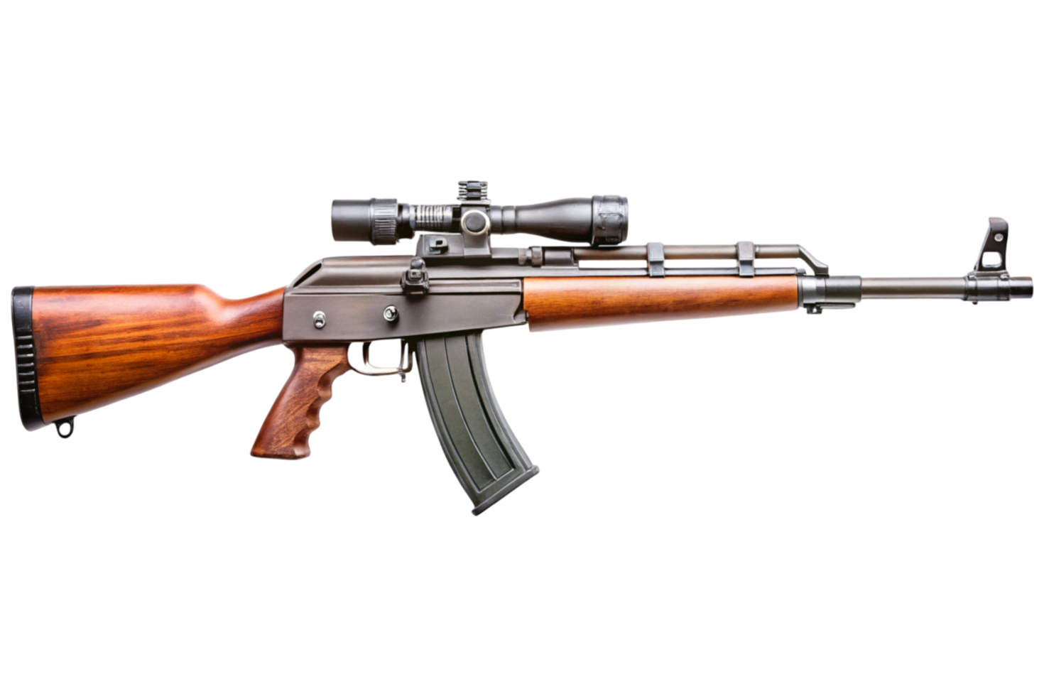 Professional firearm with a sleek finish and attachments, isolated on white, for defense or military themes png