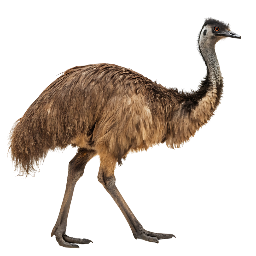 Majestic emu in full stride with an intense gaze captured against a stark backdrop to emphasize its graceful movements and wild nature png