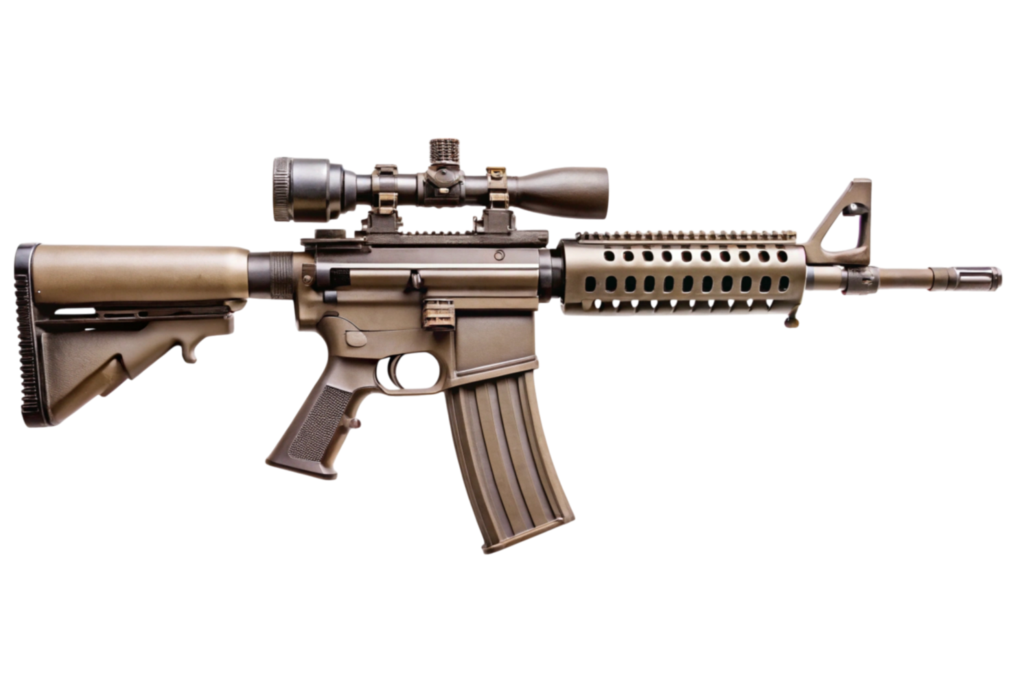 Tactical rifle design featuring a detailed scope and sturdy build isolated on a bright background png