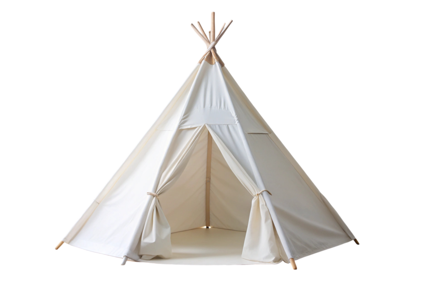 White teepee tent with wooden poles set up indoors on a wooden floor, creating a cozy and minimalist play space or peaceful retreat png