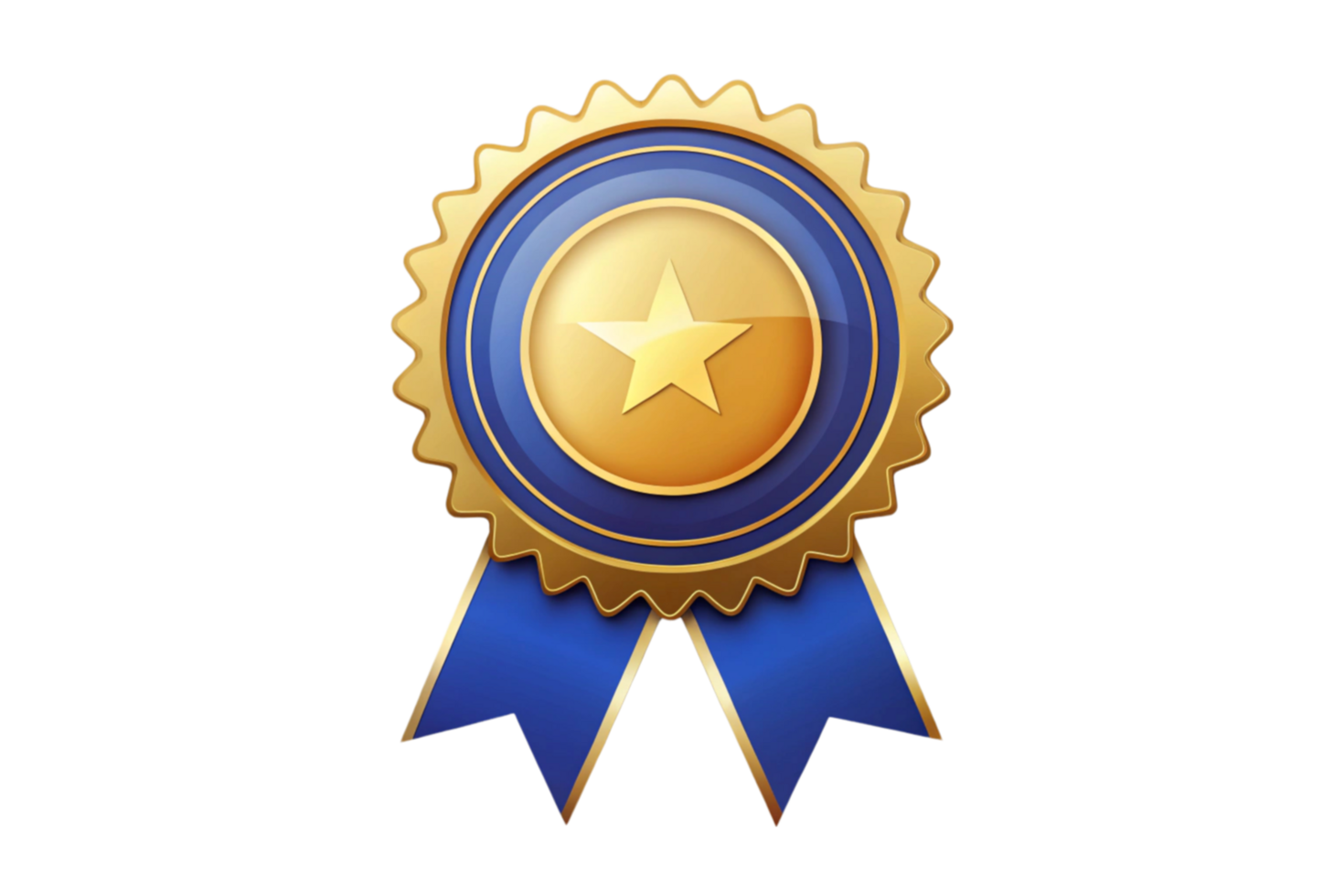 Blue award ribbon and golden medal with star emblem symbolizing honor, recognition, and award winning accomplishment isolated on a Transparent Background png