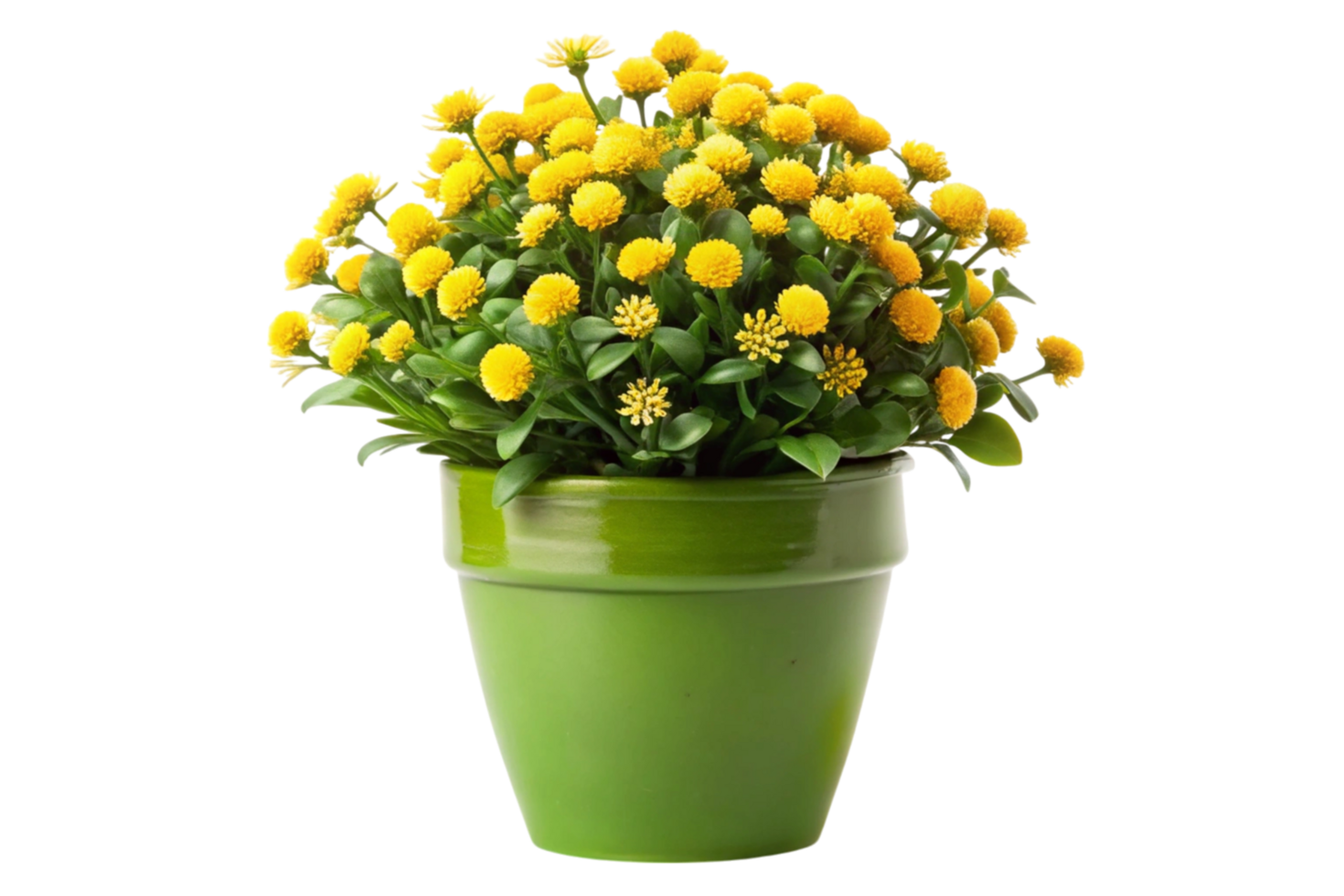 Bright artificial yellow flower arrangement in a glossy green ceramic pot for home or office decor on Transparent Background png