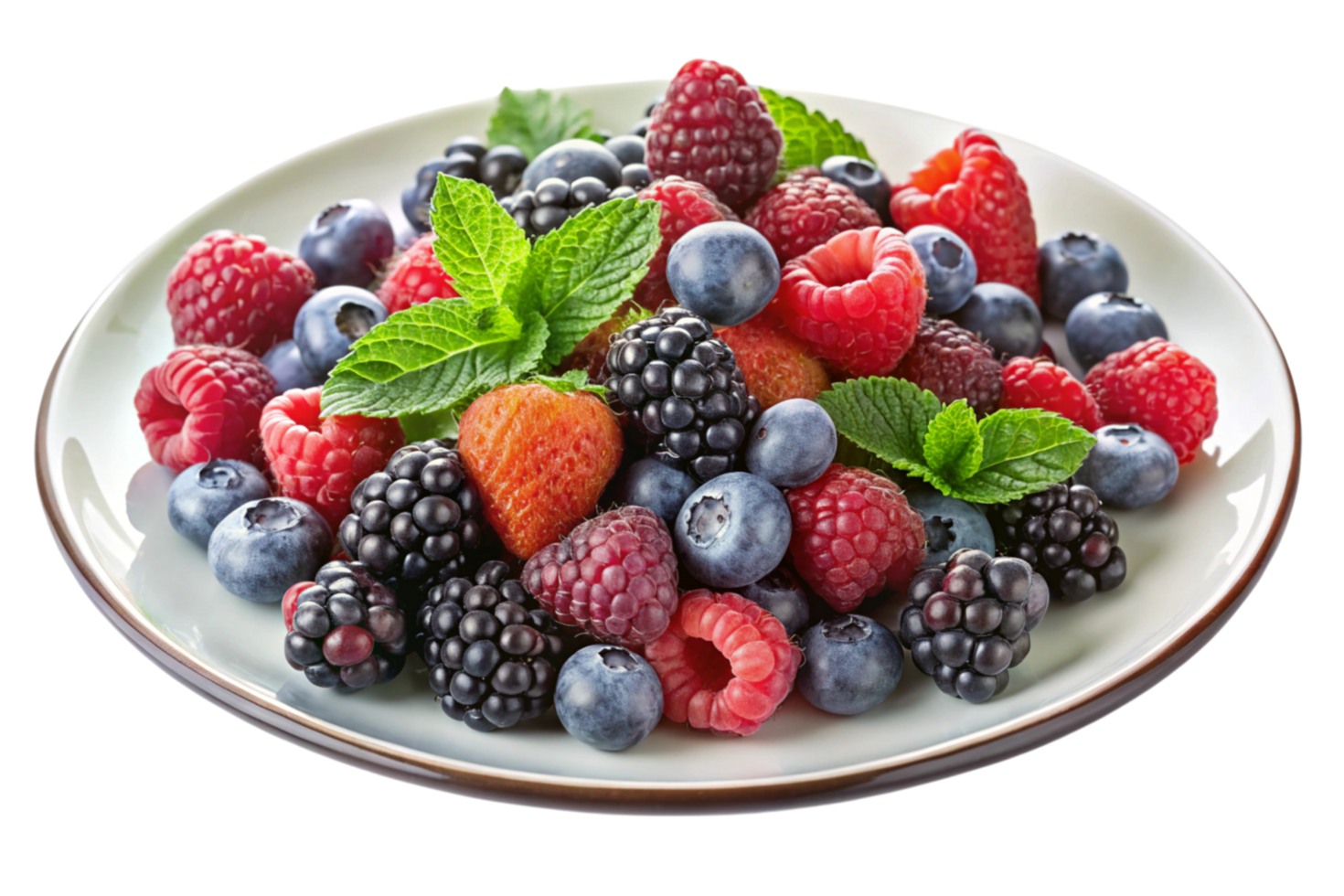 Healthy bowl of assorted berries and mint leaves, perfect for a refreshing snack or dessert on a Transparent Background png