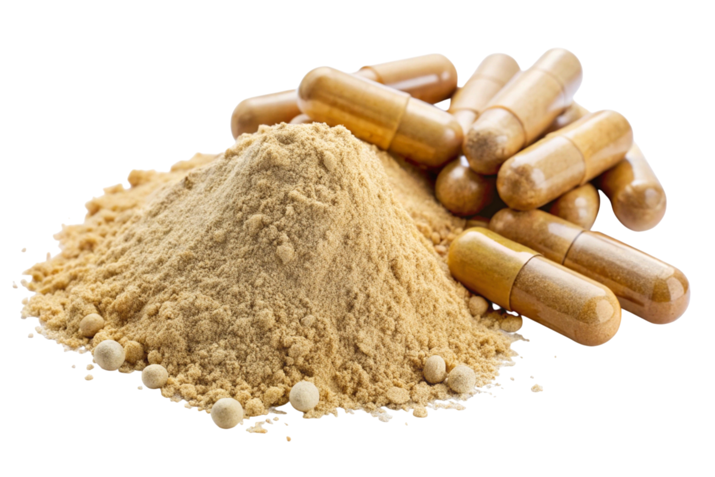 Natural Maca Root Powder and Herbal Supplement Capsules on Transparent Background Highlighting Organic Nutrition and Health Benefits png