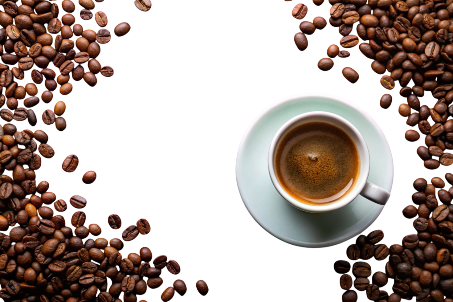 Coffee beans and a white coffee cup over green, showcasing simple yet rich designs for beverages and creativity png