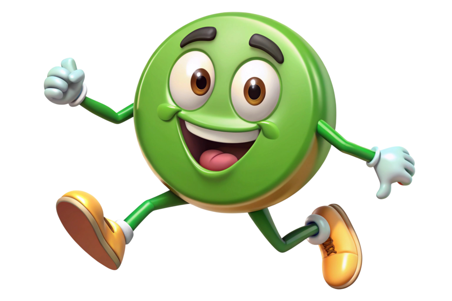 Cheerful green cartoon money character running and smiling with playful energy and excitement on Transparent Background png