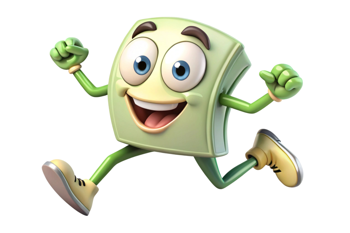 Happy and energetic cartoon money character running forward with a cheerful attitude on white isolated background png