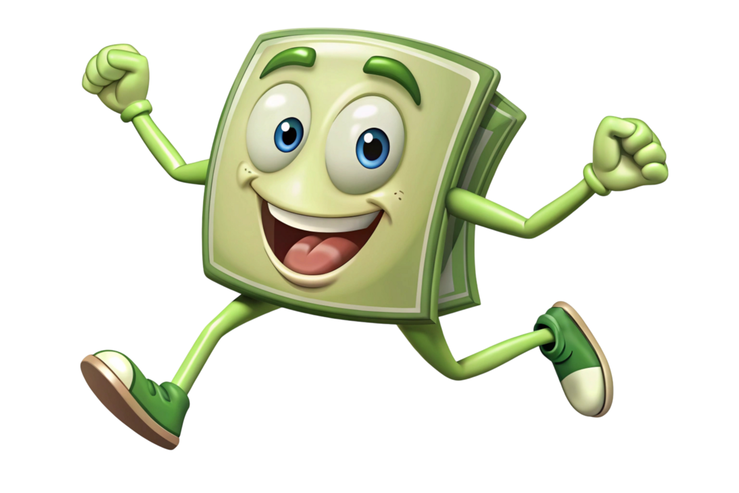 Dynamic green cash cartoon character with wide eyes and expressive smile running energetically on a white backdrop png