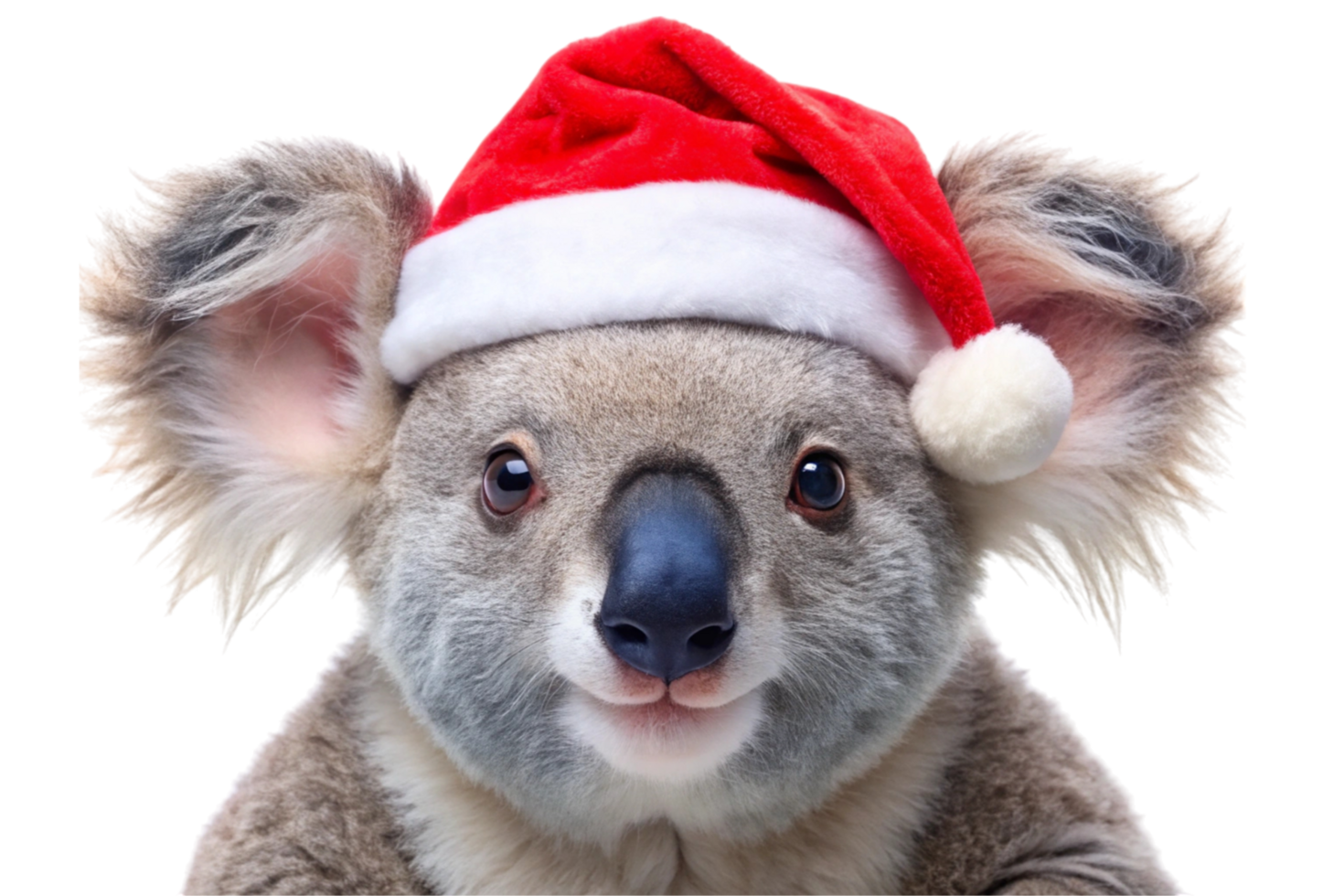 Adorable koala with a red santa hat, showcasing holiday cheer and winter vibes on a white isolated background png