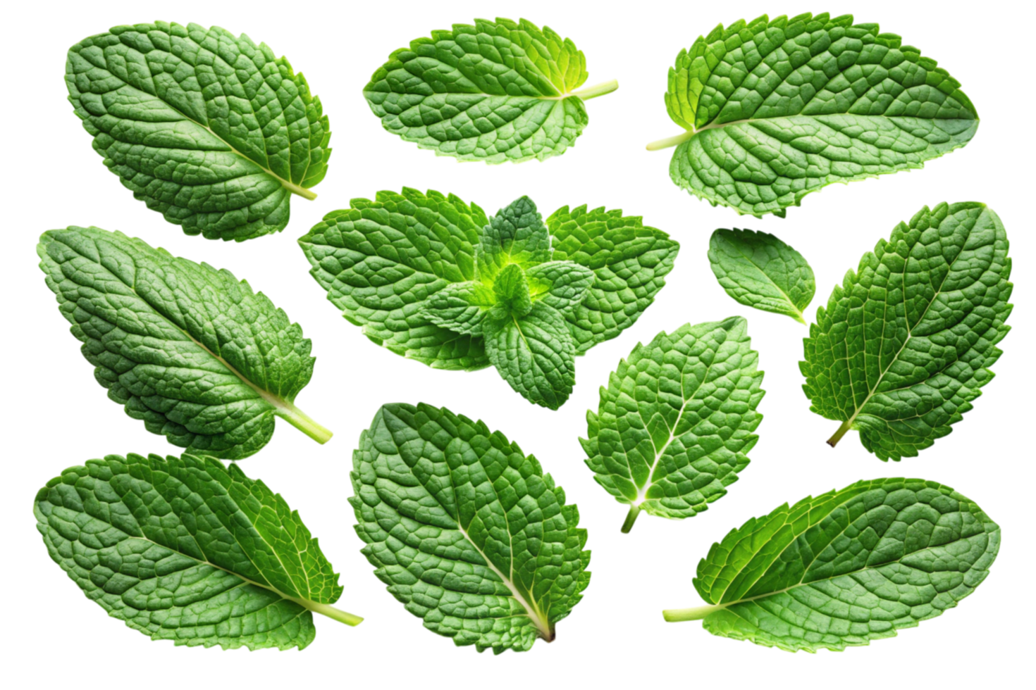 Detailed mint leaf collection with sharp texture and bright green hues, perfect for culinary or natural themed projects png