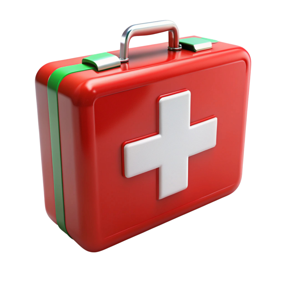 Compact red first aid kit with white cross symbol for emergency medical use against a clean Transparent Background png