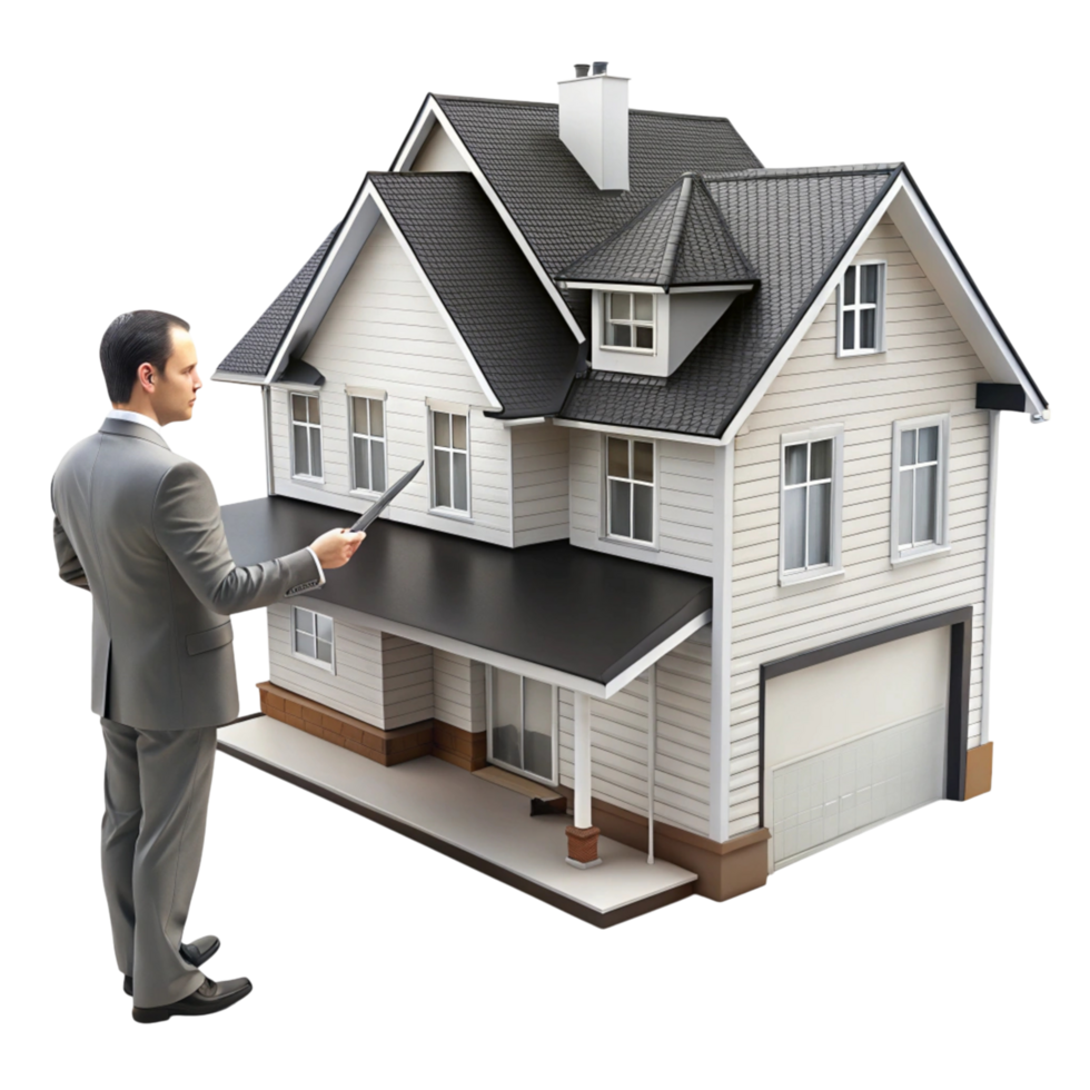 Professional property evaluation with realistic house models and magnification tools on Transparent Background png