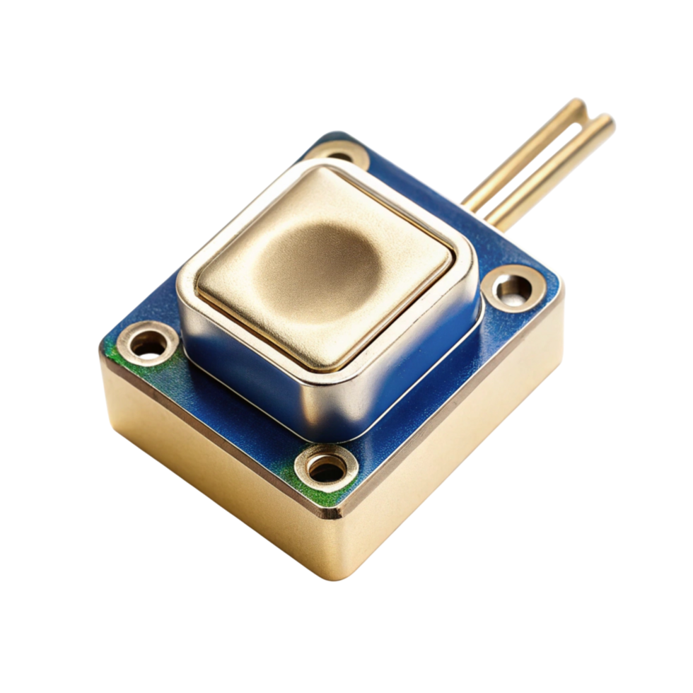 Compact accelerometer component featuring durable metal construction and integrated circuit design for motion detection png