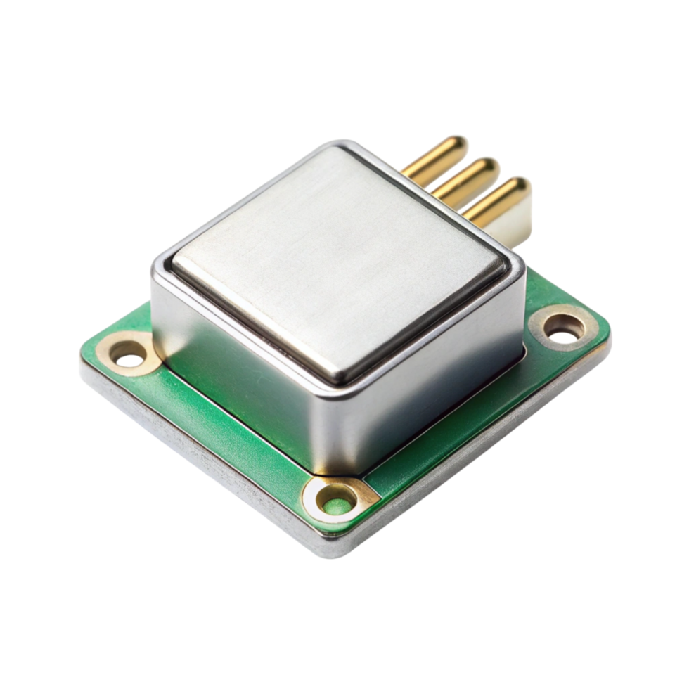 High quality close up of a modern accelerometer sensor module with metallic casing and gold pins on a Transparent Background png