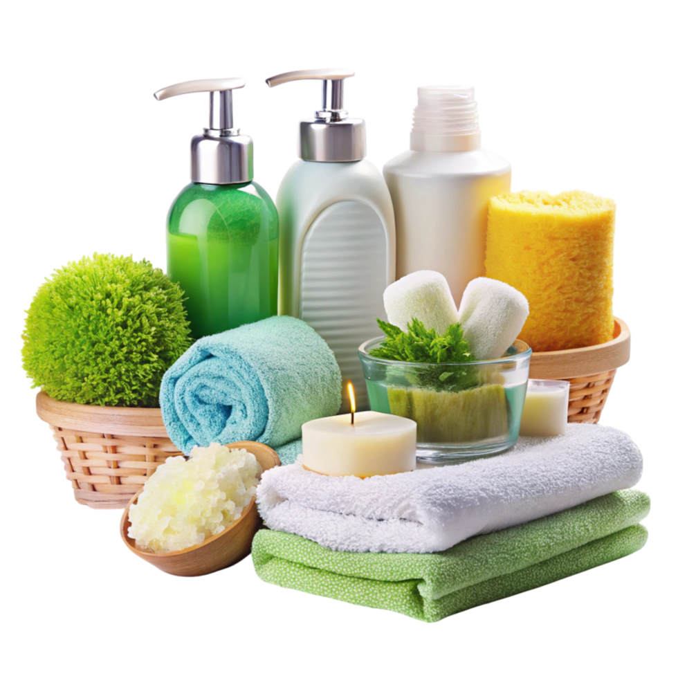 Wellness and relaxation accessories including natural spa products, fluffy towels, and greenery for rejuvenating ambiance png