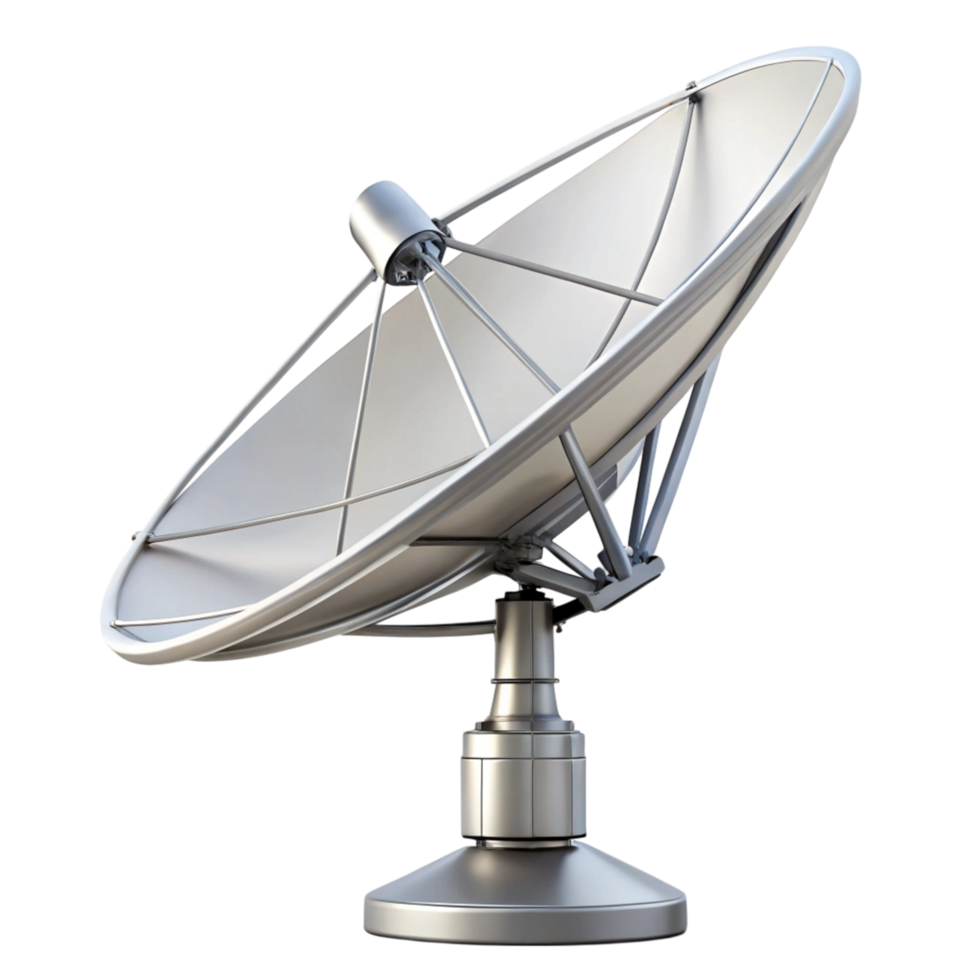 Close up of a parabolic antenna with sleek design and sturdy base, ideal for signal transmission and wireless applications png