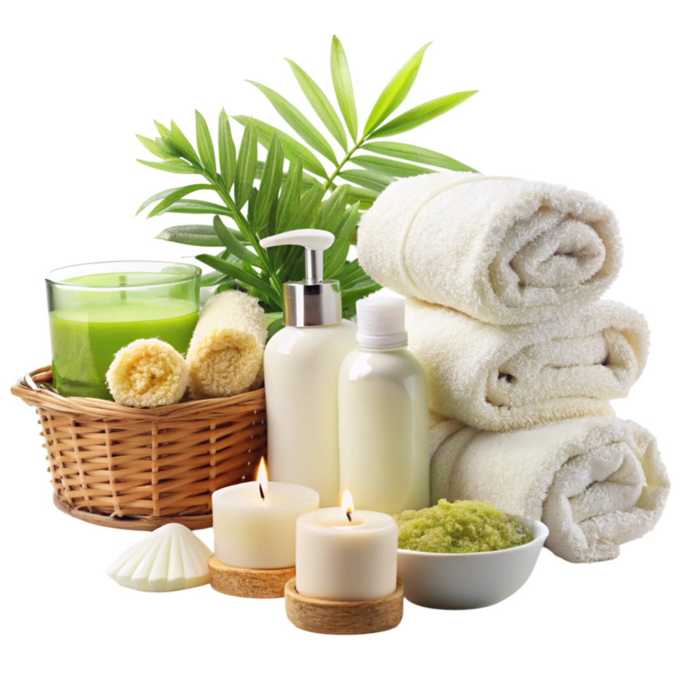 Spa and wellness amenities including towels, candles, lotions, and a wicker basket on a clean Transparent Background png