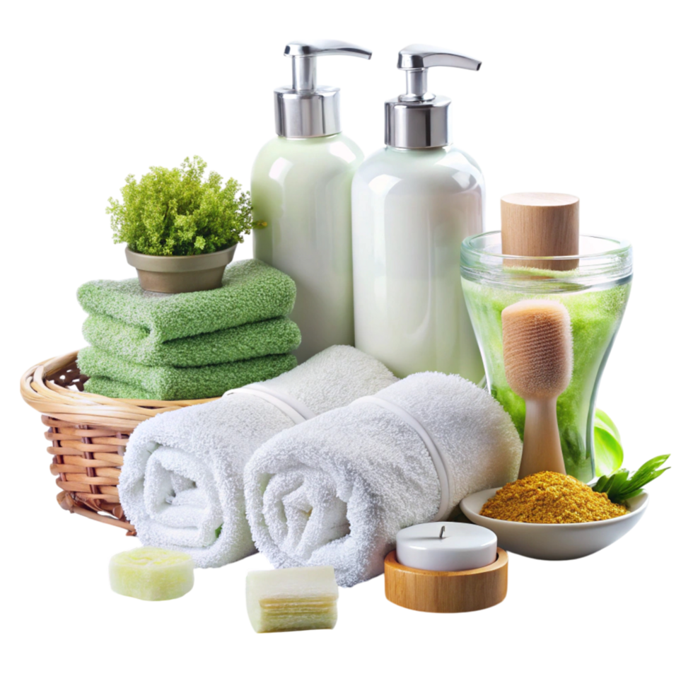 Luxury spa setup featuring aromatic candles, green leaves, rolled towels, and skincare bottles for relaxation themes png