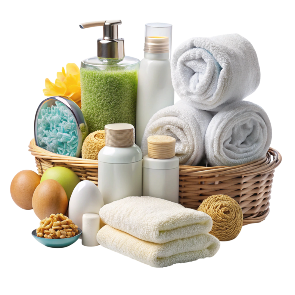Elegant arrangement of spa essentials with candles, lotions, and natural materials creating a serene wellness experience png