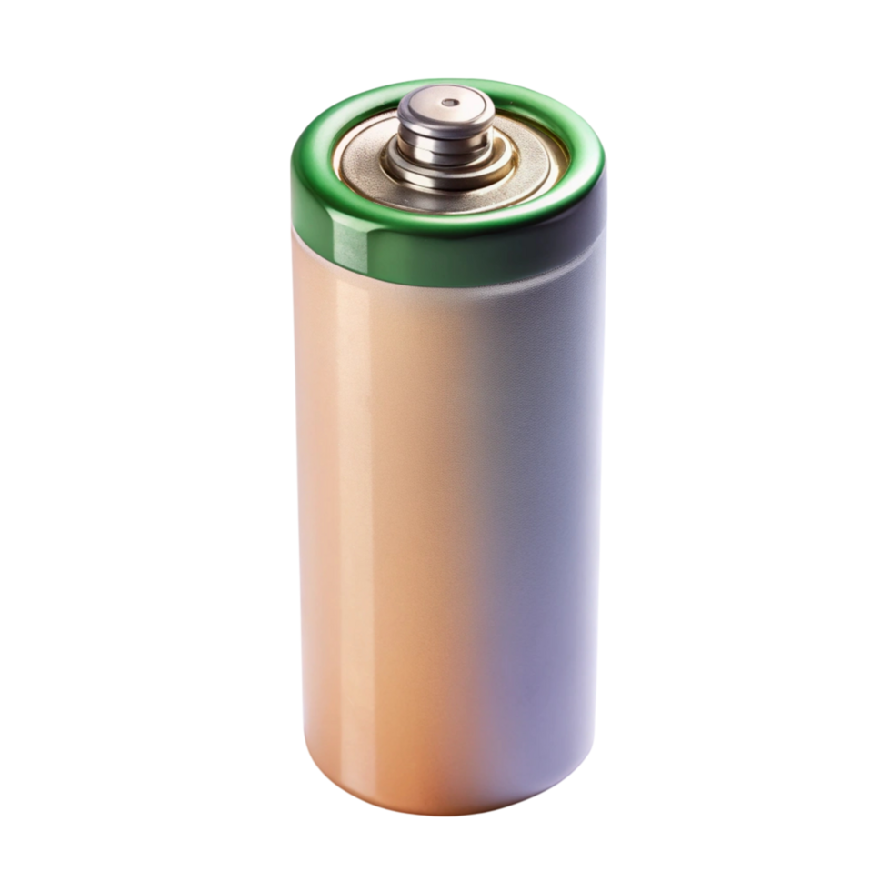 High quality image of an alkaline battery with golden and green details isolated on Transparent Background for energy projects png