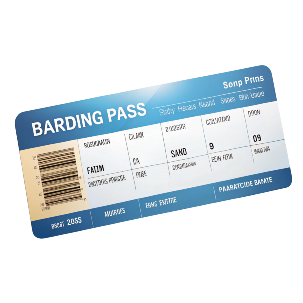 Realistic boarding pass mockup with flight details, codes, and a sleek layout isolated on a Transparent Background png