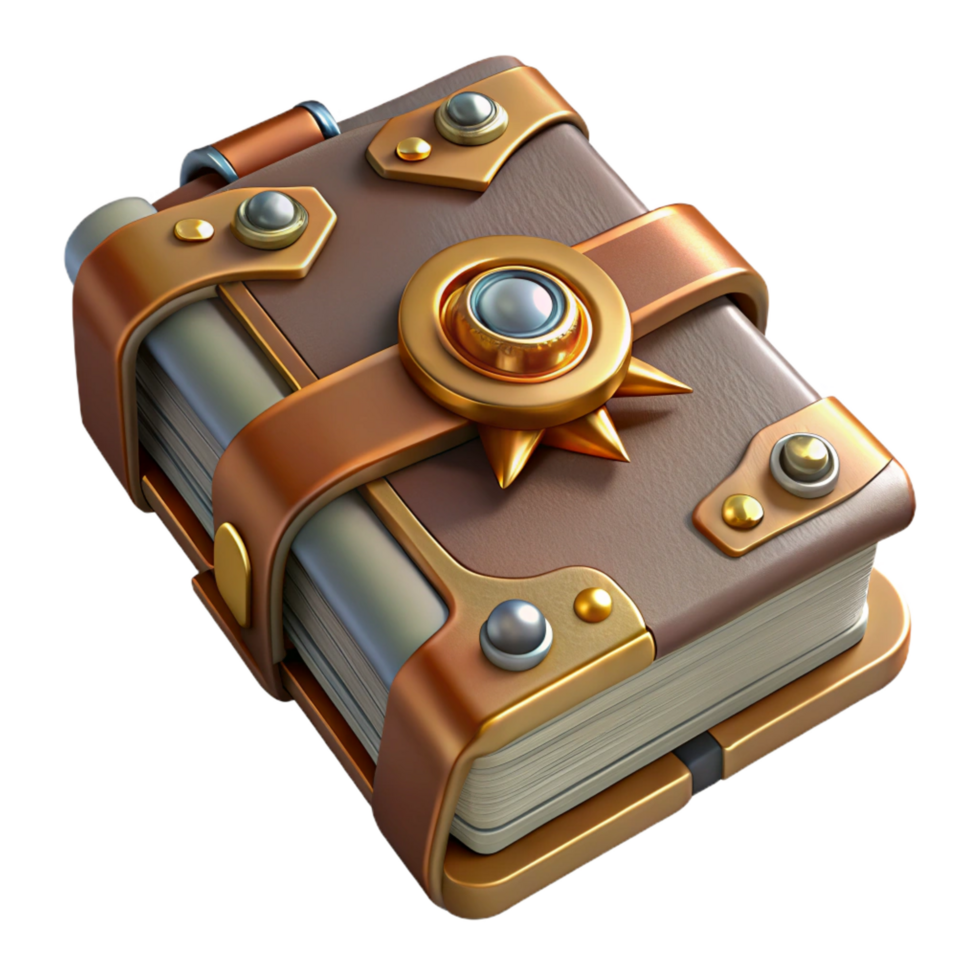 intense breathtaking Steampunk book with metallic clasps and intricate cover design with Transparent Background artisan png