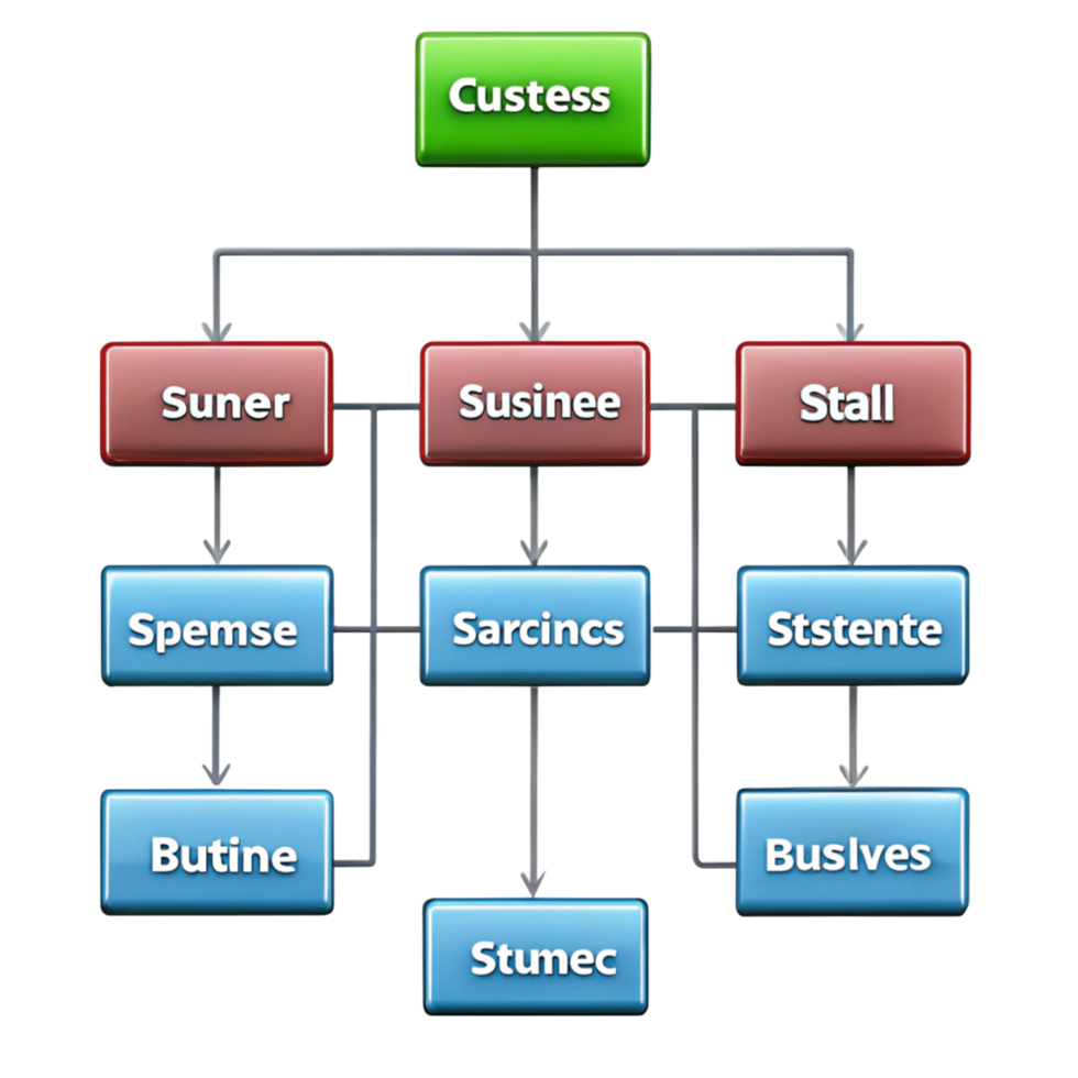 Corporate structure chart illustration with blue boxes and directional arrows for business and team management visualization png