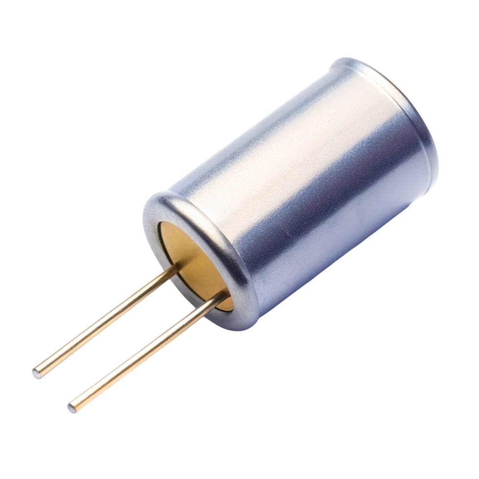High quality image of a metal capacitor with gold plated terminals, designed for electronic and engineering purposes png