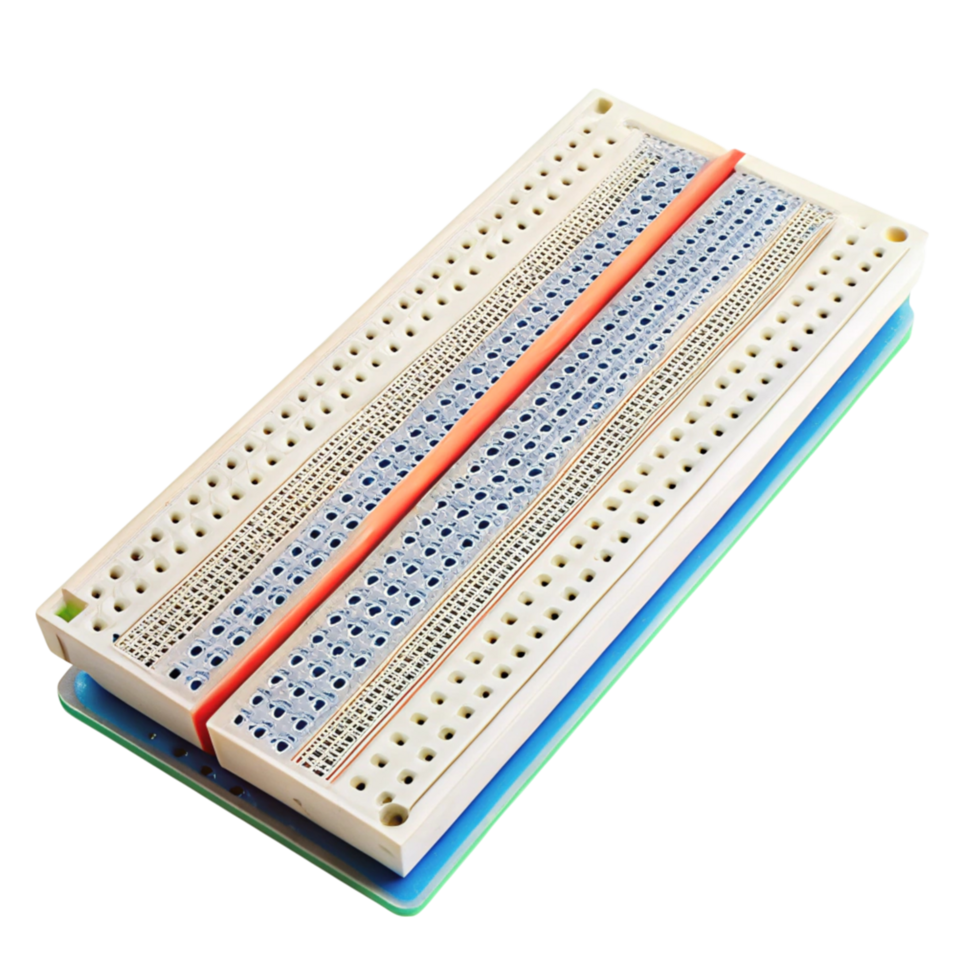 Detailed image of a prototyping breadboard with green base and multicolored power rails, isolated on Transparent Background png