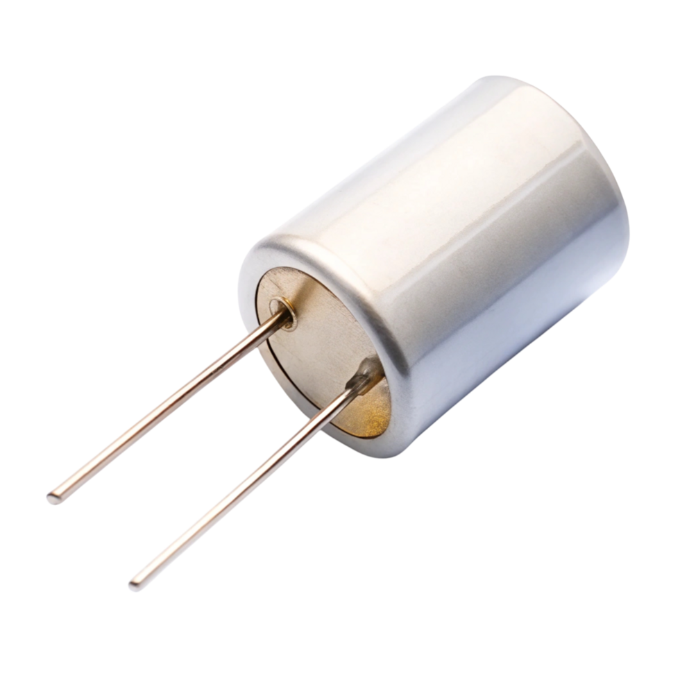 Close up of a cylindrical metal capacitor with two leads, used for electronic circuits and industrial applications png