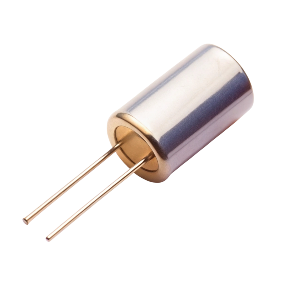 Metallic electronic capacitor with cylindrical shape and dual pins isolated on Transparent Background for technology use png
