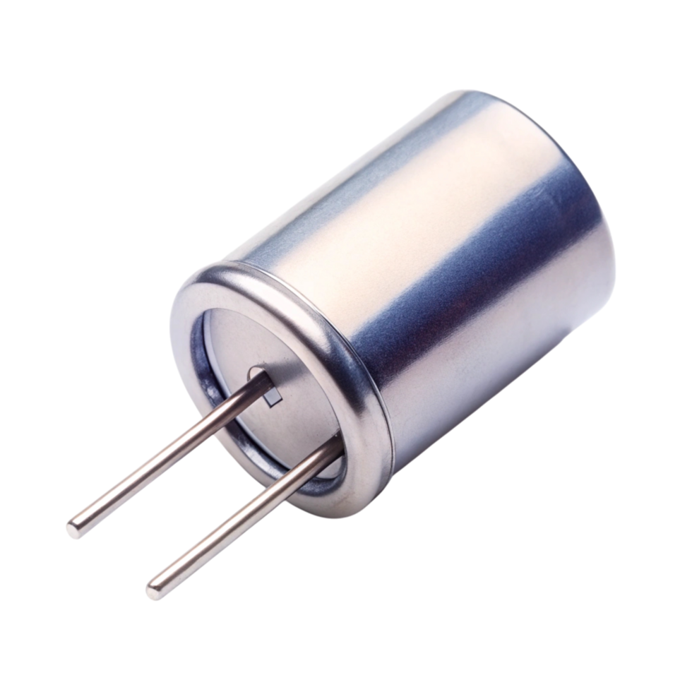 Detailed image of a cylindrical metal electronic component capacitor with leads on a plain Transparent Background png