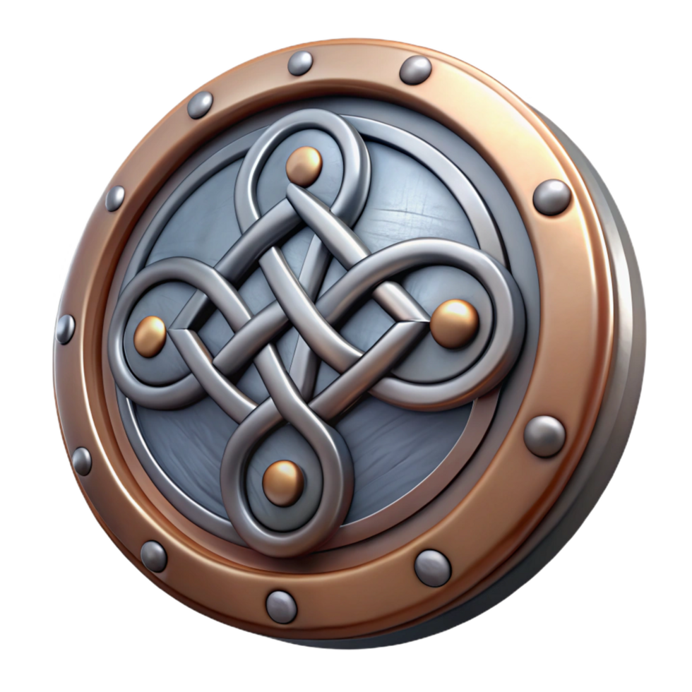 stunning playful retro Concept art style, ultra-detailed, isolated cutout of a single Celtic shield, circular, patterned, hyper-specific with Transparent Background elite png