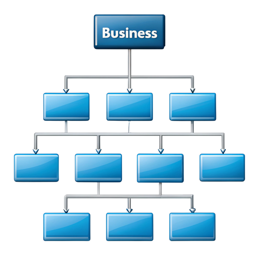 Hierarchical business organizational chart with blue rectangles and arrows on a Transparent Background representing workflow structure png