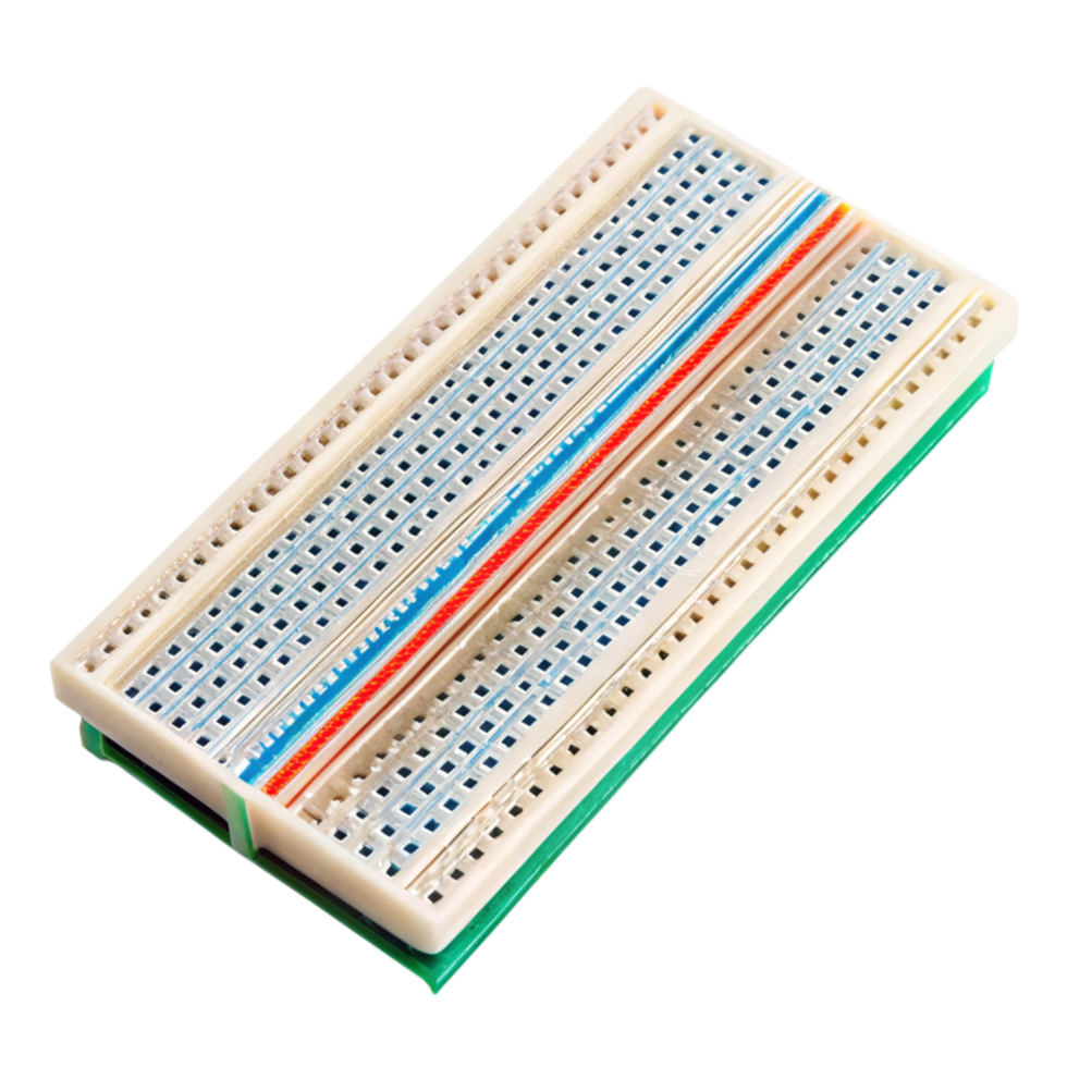 Standard prototyping breadboard with colorful power rails and grid layout on a Transparent Background for electronic projects png