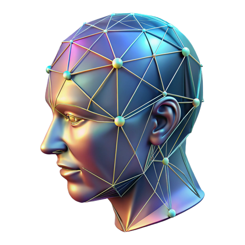 radiant peaceful nordic Holographic projection of a human head, wireframe effect, data streams with Transparent Background precision png