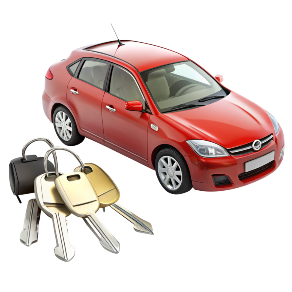 Red car with metal keys arranged on a glossy surface, perfect for automotive and rental service promotions png