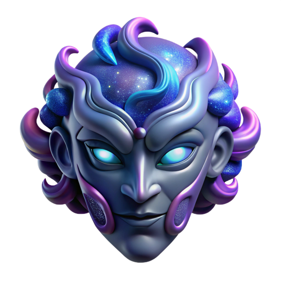 mesmerizing energetic futuristic Hyper-specific, professional render, isolated cutout of a single, stylized, cosmic deity mask with swirling nebula patterns with Transparent Background high resolution png
