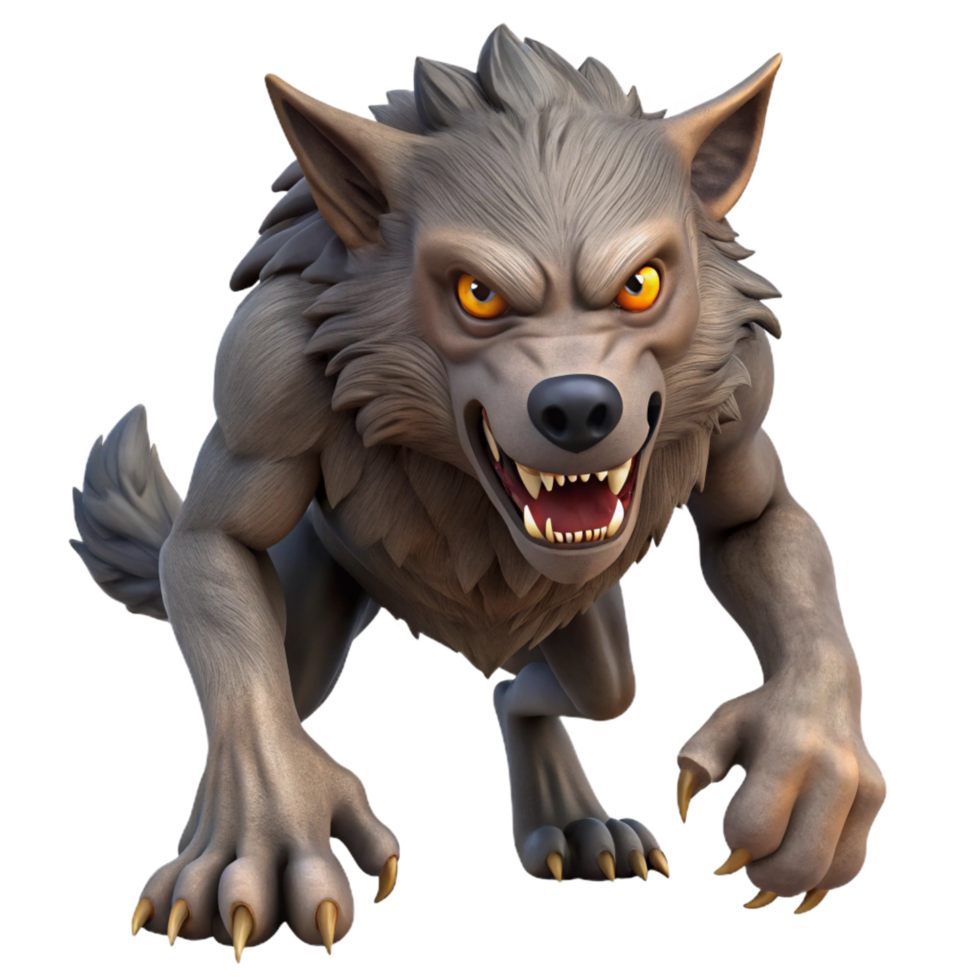 splendid whimsical retro A snarling werewolf, sharp claws, fur bristling with Transparent Background luxury png