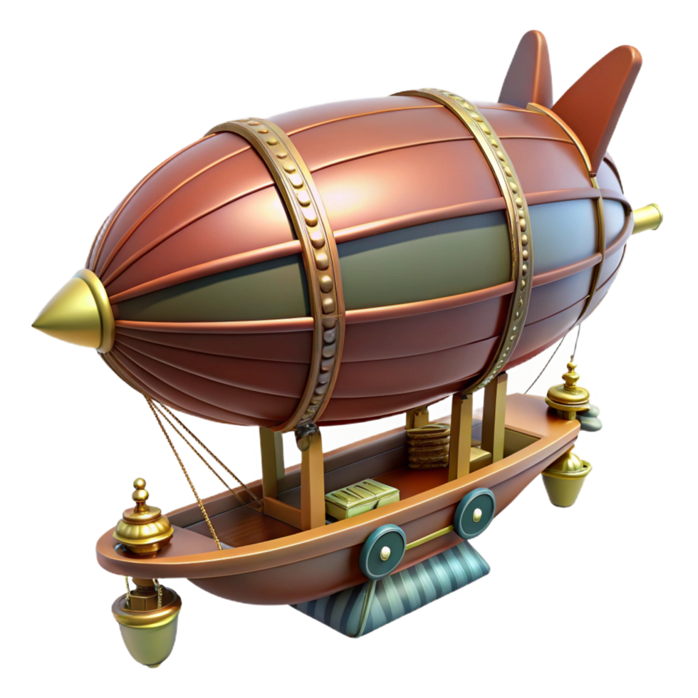 harmonious beautiful Concept art style, hyper-specific rendering of a steampunk zeppelin miniature with intricate details and a gondola Isolated cutout with Transparent Background luxury png