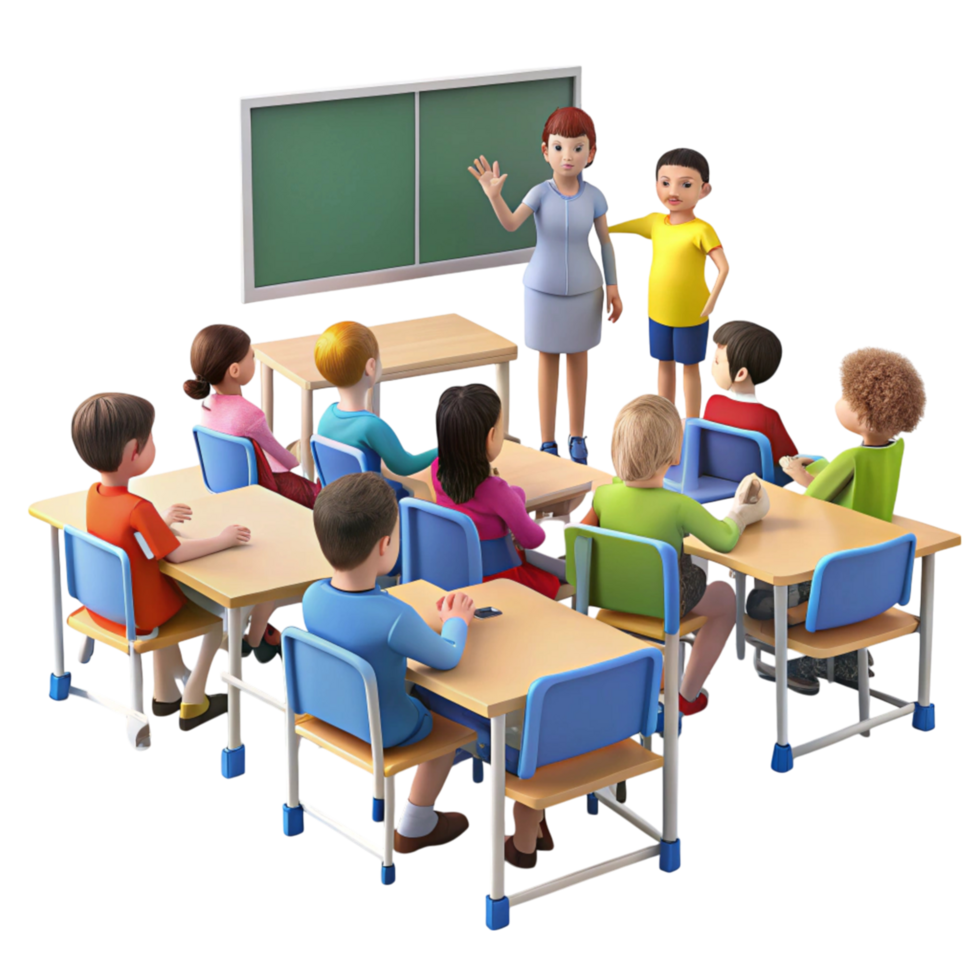 Diverse students actively participating in lessons with attentive teacher guiding discussion in a modern classroom setup png