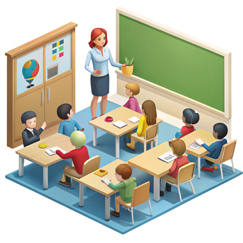 Interactive classroom setting with teacher and students engaged in a dynamic learning environment and teamwork activities png