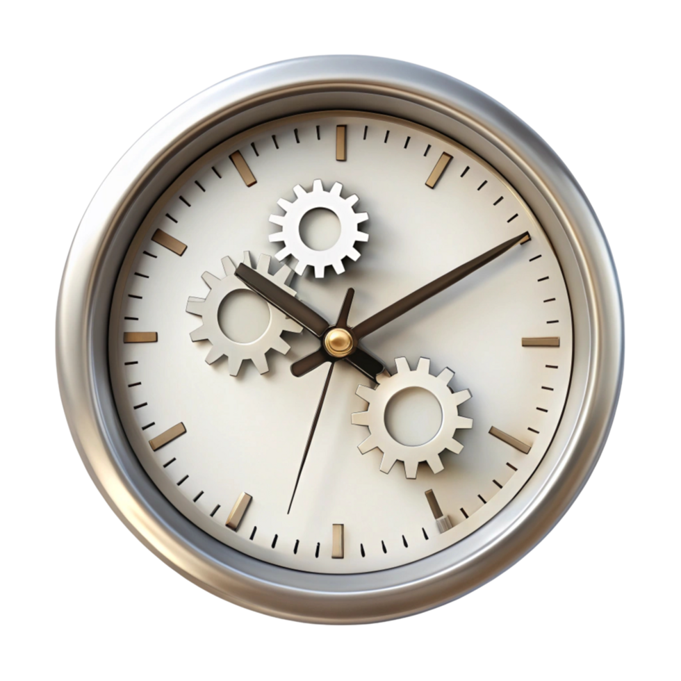 Elegant analog clock with gold tone gears, roman numerals, and intricate mechanical details png