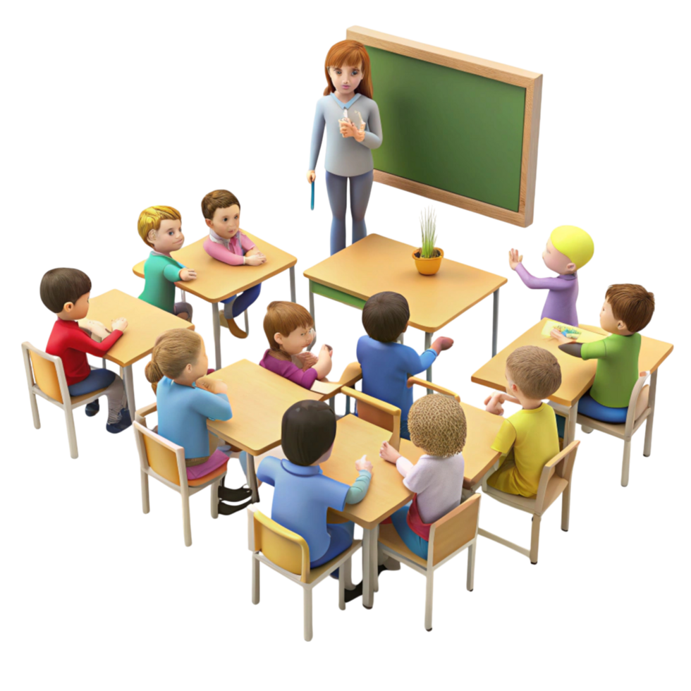 Inclusive classroom scene with teacher instructing children, fostering teamwork, creativity, and interactive learning methods png