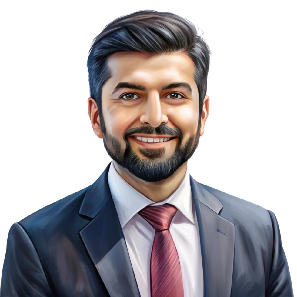 Illustrated portrait of a bearded businessman in a suit and tie, radiating confidence, isolated on white png
