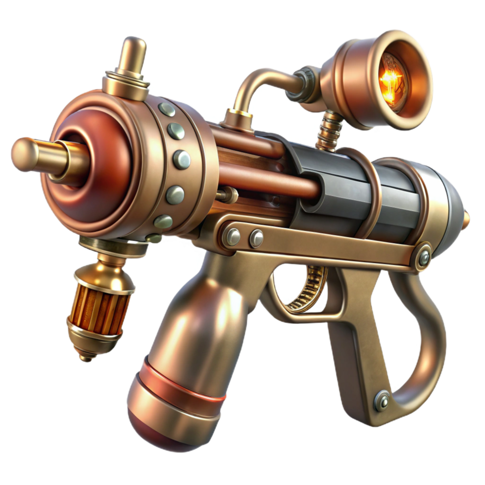 dynamic glorious A steampunk ray gun with copper pipes and glowing vacuum tubes with Transparent Background elite png