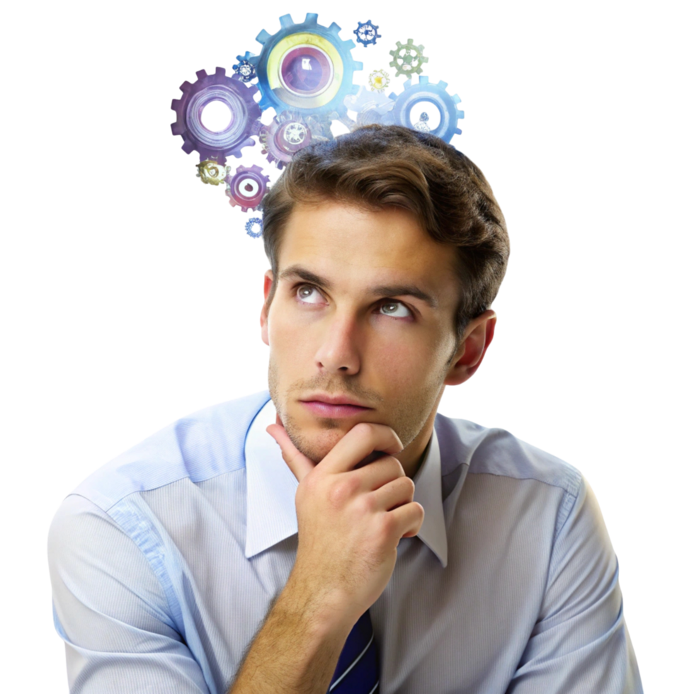 Portrait of a thoughtful businessman with colorful gears above his head symbolizing innovation and problem solving png