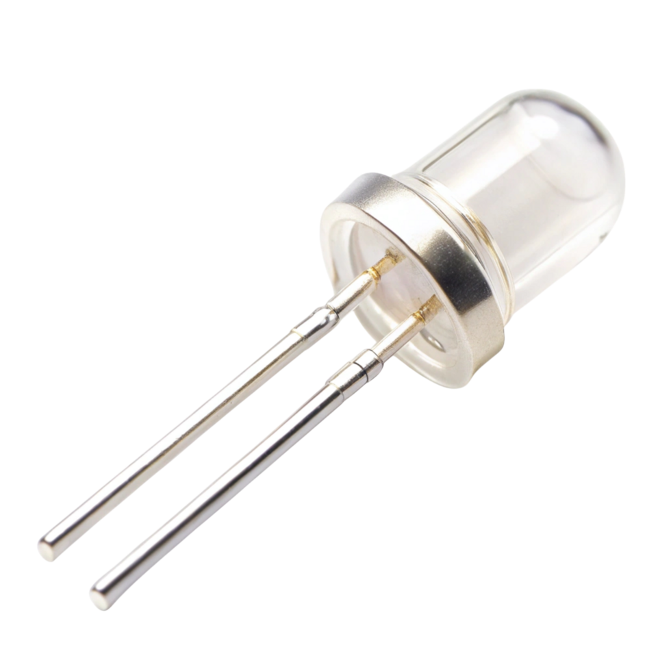 Electronic diode with dual pins, clear casing, and gold accents, highlighting its importance in electrical applications png